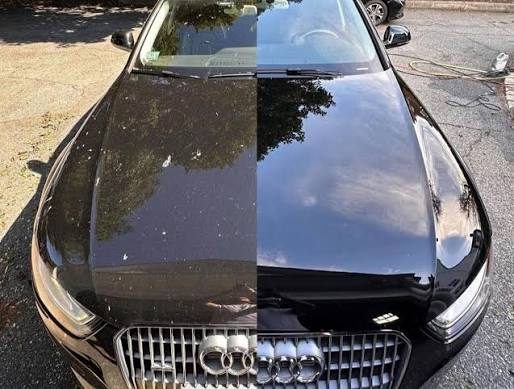 Before and after paint correction on a vehicle hood